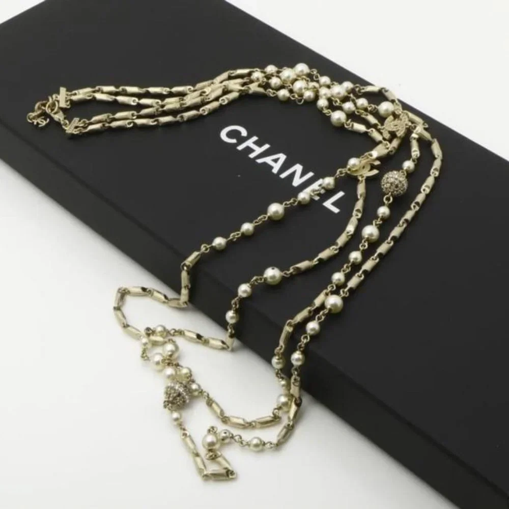 Chanel A16A Champagne CC Pearl Crystal Necklace